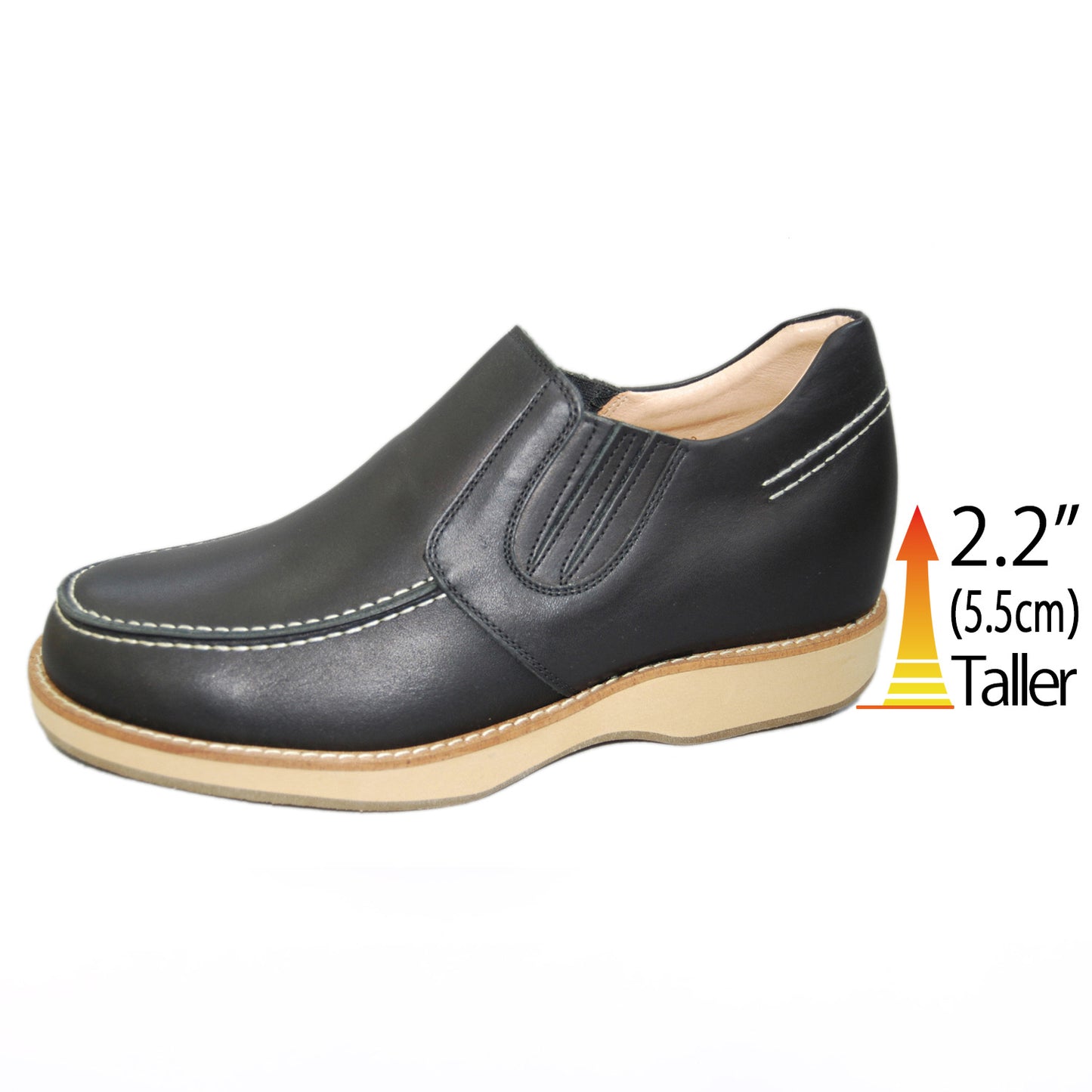 Men's Elevator Shoes Height Increasing 2.2" Taller Slip-on Side Gore Loafer Genuine Leather No. 523