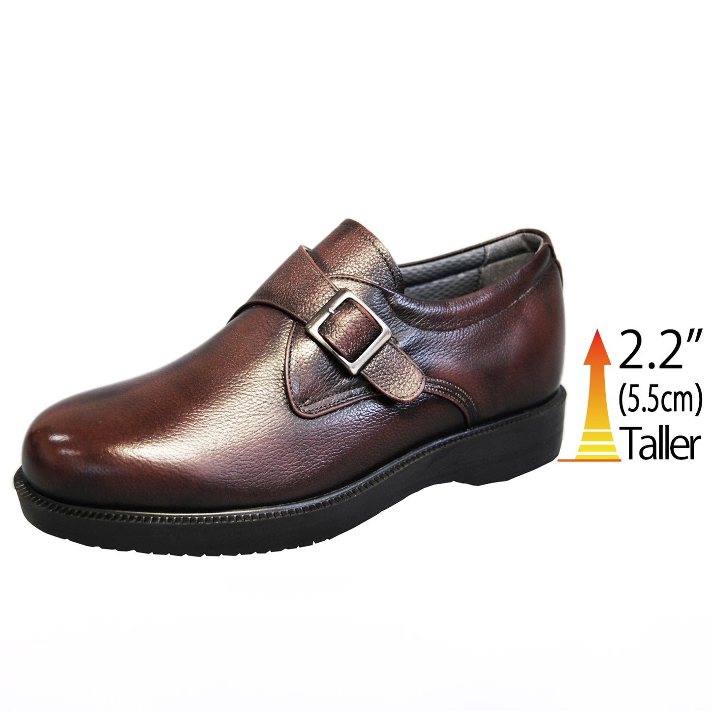 Men's Elevator Shoes Height Increasing 2.2" Taller Single Monk Strap Slip on Plain Toe Wide Genuine Leather No. 921