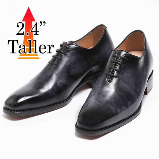 Hand Dyed Genuine Leather Men's Elevator Shoes Height Increasing 2.36" Taller Hole Cut Lace Up Dress Shoes No. 1380
