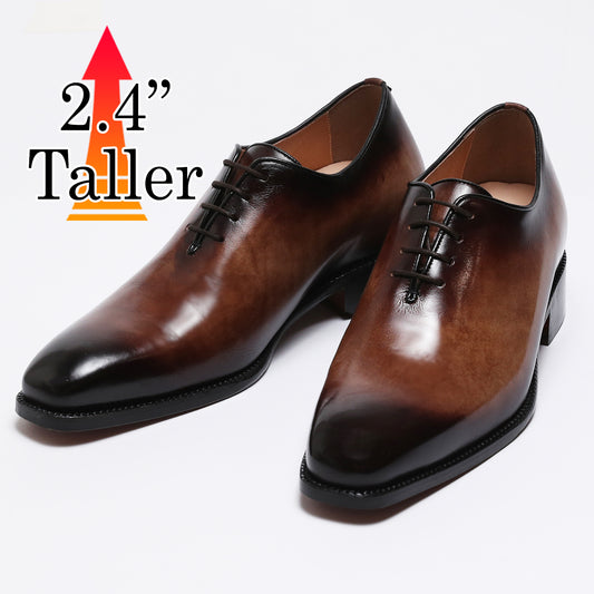 Hand Dyed Genuine Leather Men's Elevator Shoes Height Increasing 2.36" Taller Hole Cut Lace Up Dress Shoes No. 1380
