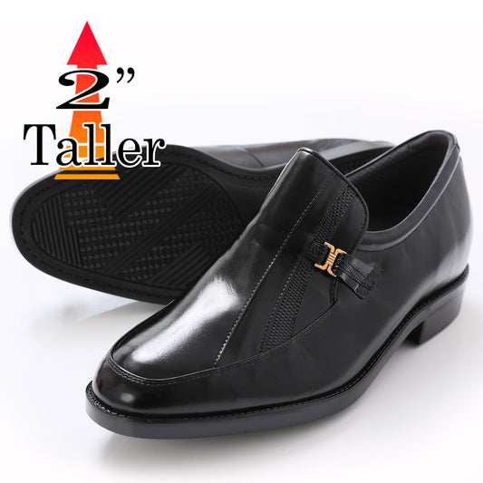 Men's Elevator Shoes Height Increasing 2" Taller U-Tip Slip-On Wide Shoes Genuine Kangaroo Leather No. 635