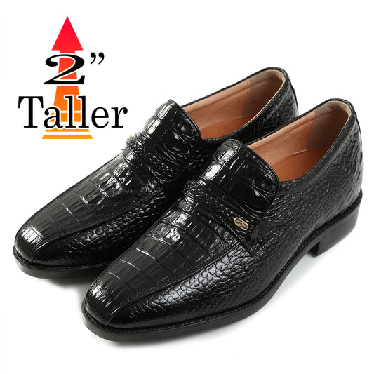 Men's Elevator Shoes Height Increasing 2" Taller Slip-on Dress Shoes Crocodile Embossed Cowhide Leather No. 636