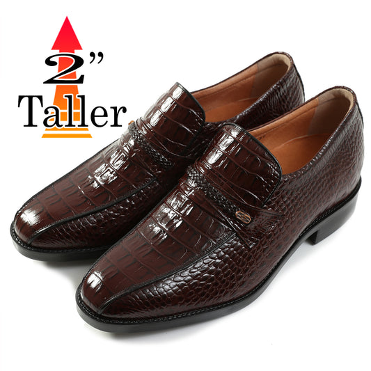 Men's Elevator Shoes Height Increasing 2" Taller Slip-on Dress Shoes Crocodile Embossed Cowhide Leather No. 636