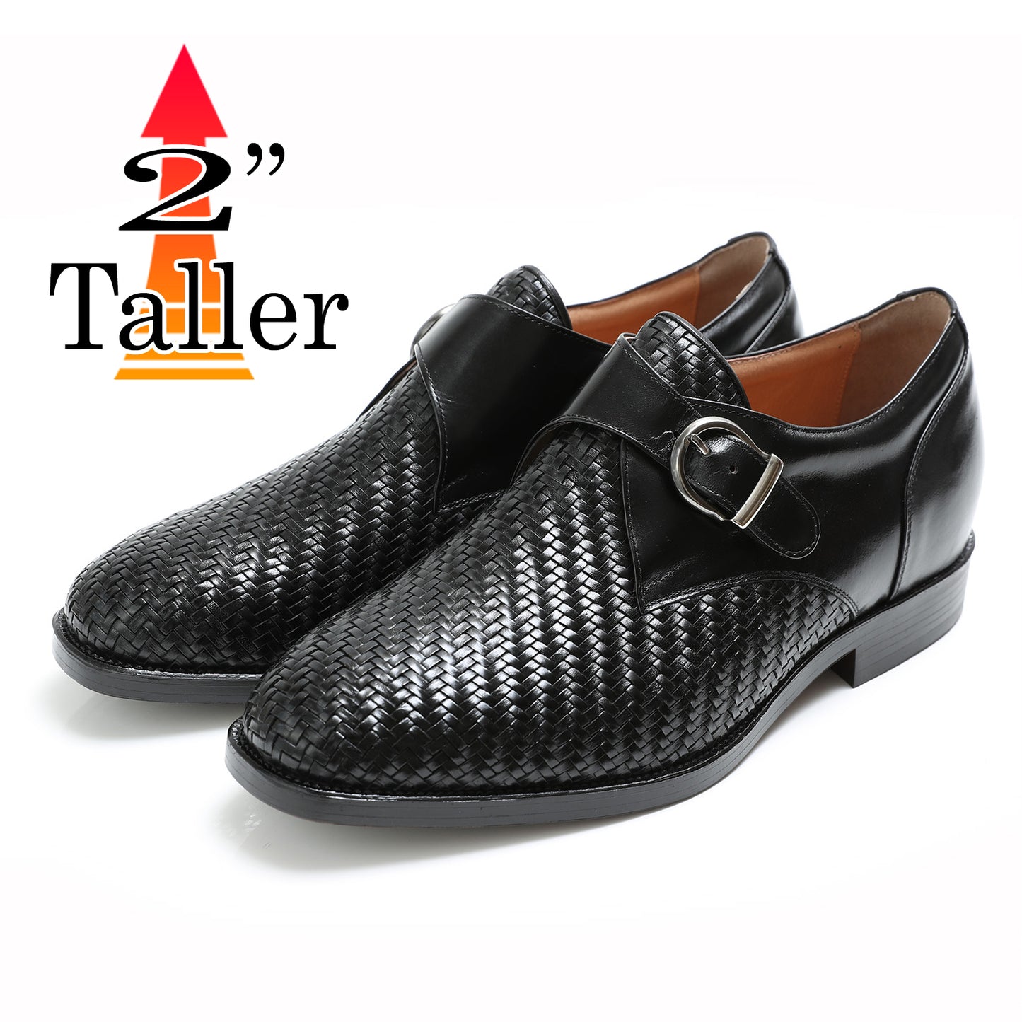 Men's Elevator Shoes Height Increasing 2" Taller Plain Toe Single Monk Strap Slip on Kangaroo Leather Mesh No. 75