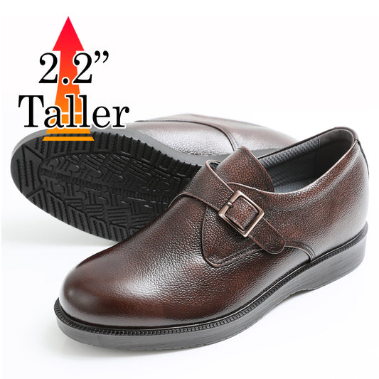 Men's Elevator Shoes Height Increasing 2.2" Taller Single Monk Strap Slip on Plain Toe Wide Genuine Leather No. 921