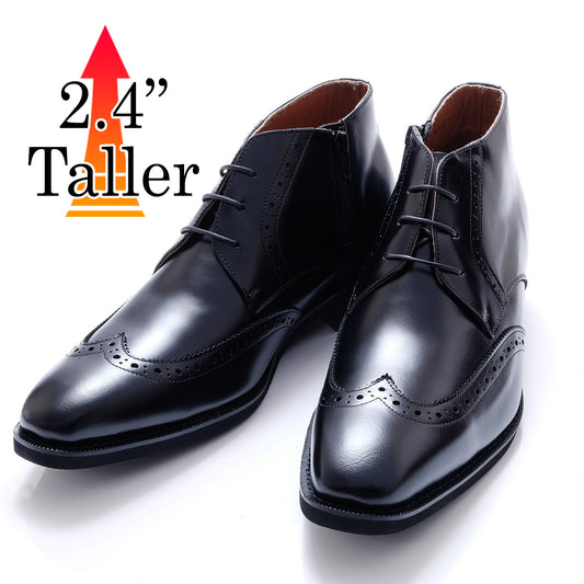 Men's Elevator Shoes Height Increasing 2.36" Taller Wingtip Brogue Lace Up Ankle Boots Side Zipper No. 1302