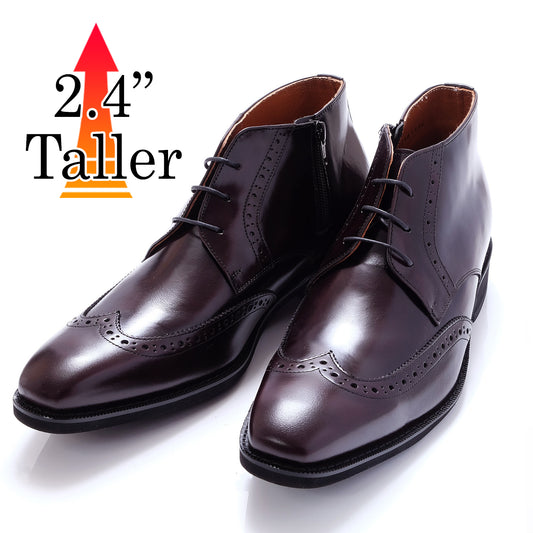 Men's Elevator Shoes Height Increasing 2.36" Taller Wingtip Brogue Lace Up Ankle Boots Side Zipper No. 1302