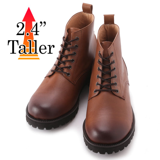 Men's Elevator Shoes Height Increasing 2.36" Taller Plain Toe Lace Up Work Boots Genuine Leather No. 1573