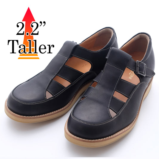 Men's Elevator Shoes Height Increasing 2.2" Taller Genuine Leather Sandal Breathable Black No. 567