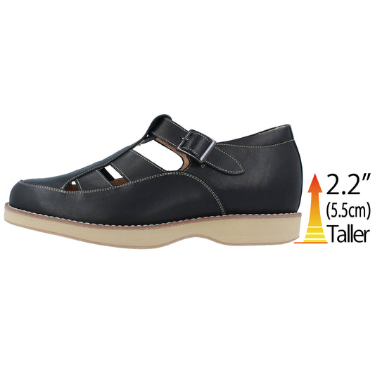 Men's Elevator Shoes Height Increasing 2.2" Taller Genuine Leather Sandal Breathable Black No. 567